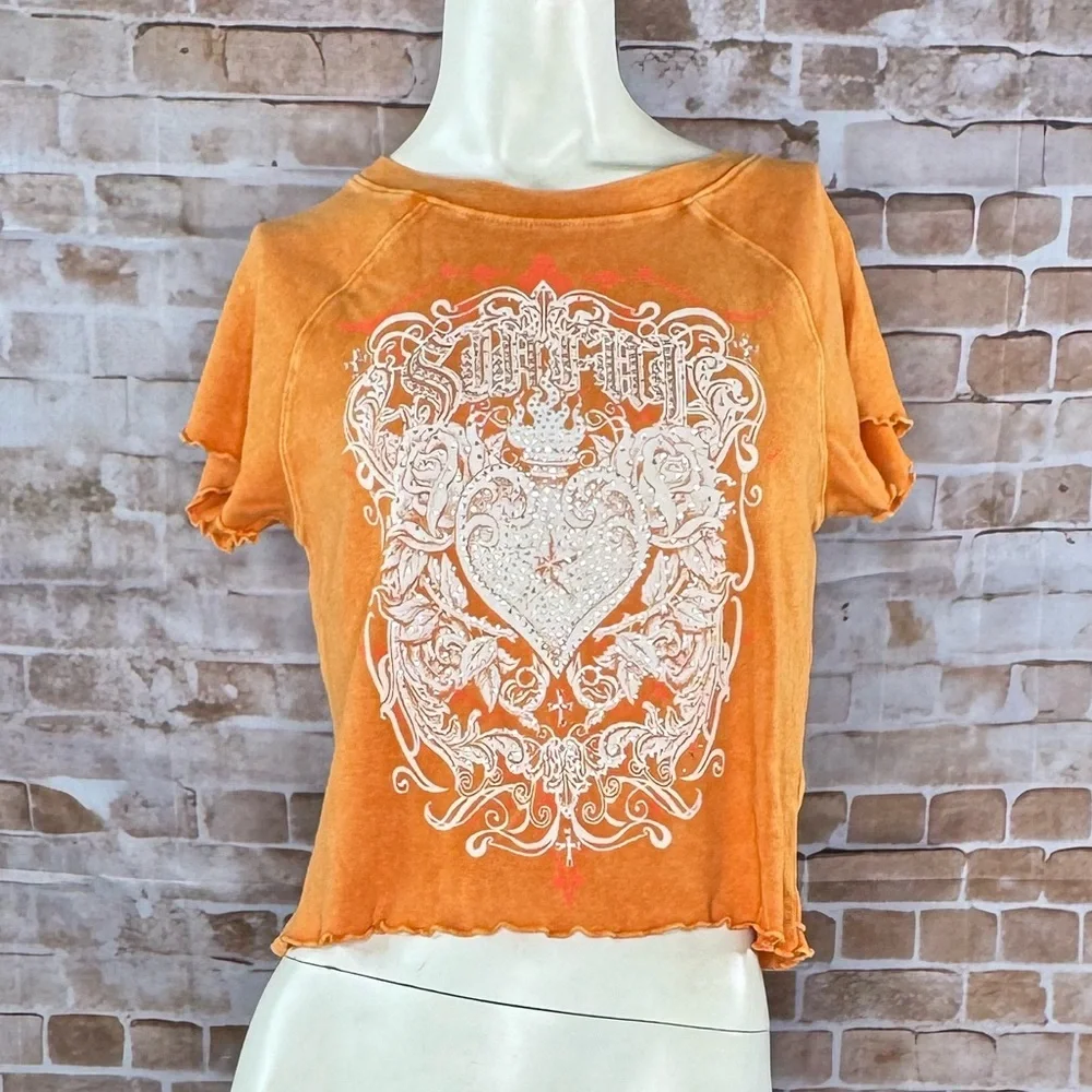 Sinful By Affliction Catherine Short Sleeve Orange Crop Top - NWT - Picture 1 of 10